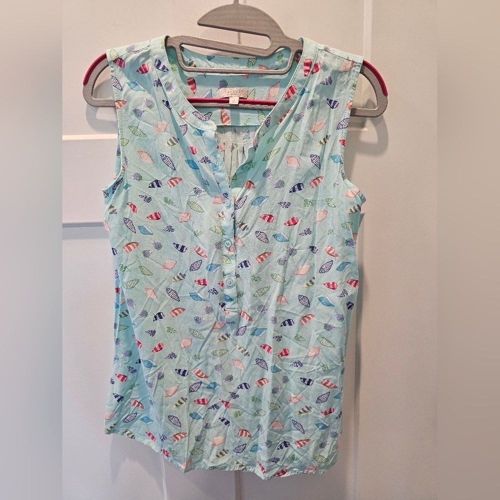 Talbots Petites Sleeveless Blouse Small P Aqua Seashell Print Rayon Button Ft